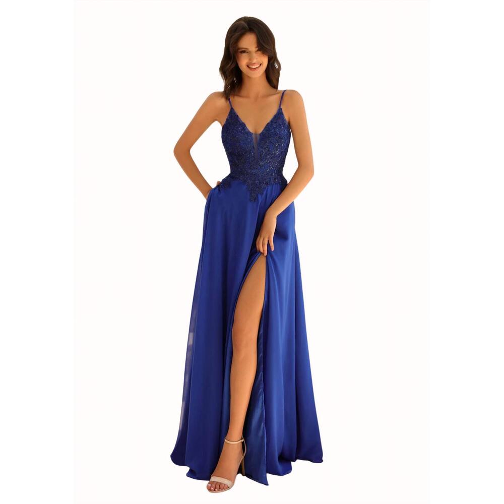 NEW CLARISSE lace bodice chiffon gown in cobalt